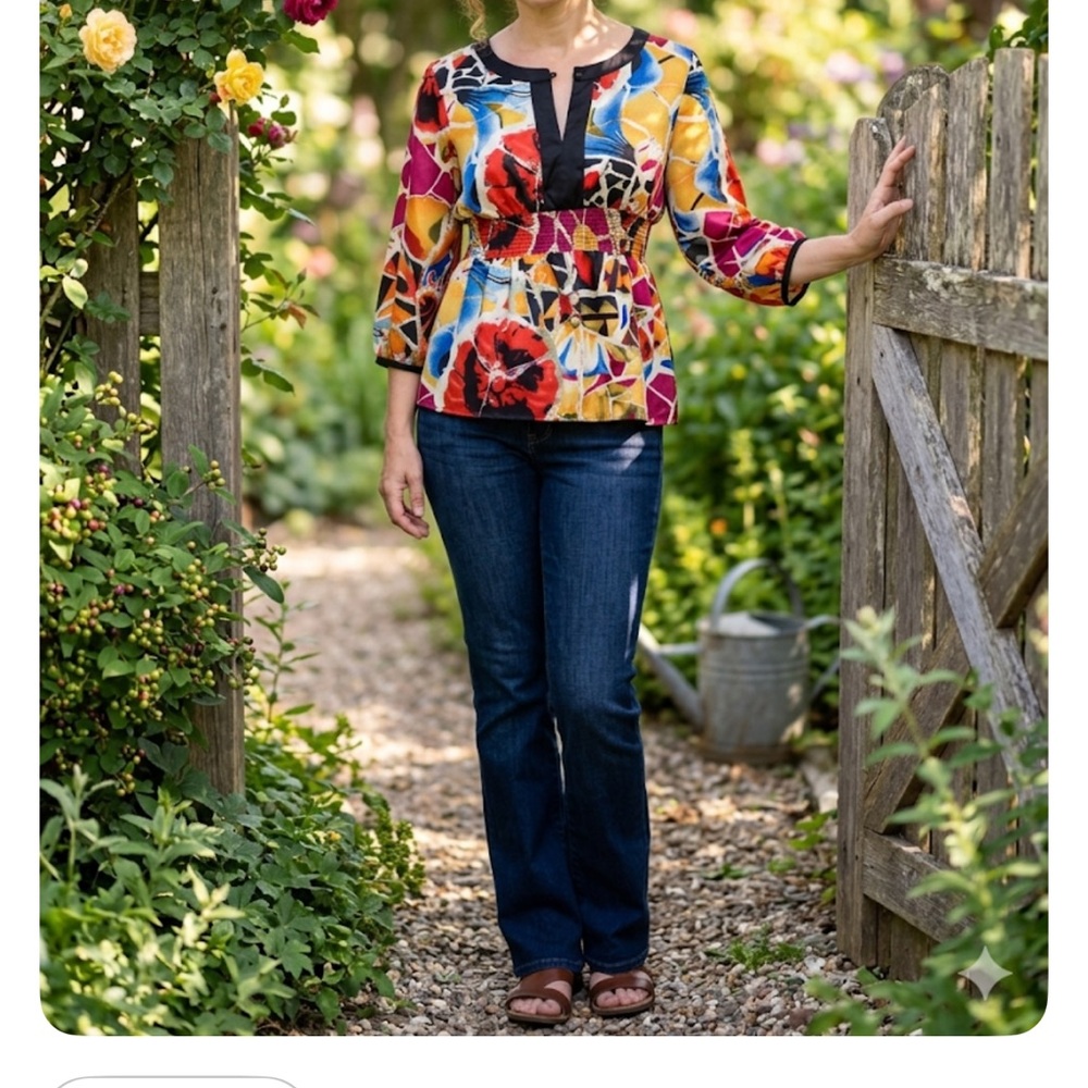 Nygard Abstract Multicolor Floral Split-Neck Top size 6